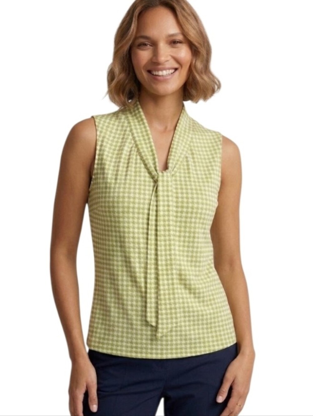Banana Republic Green and White Houndstooth Tie-Neck Sleeveless Top